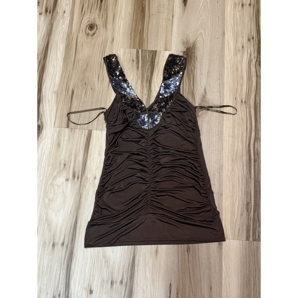 Y2K Wet Seal Brown Bead Sequin V-Neckline Blouse Size M